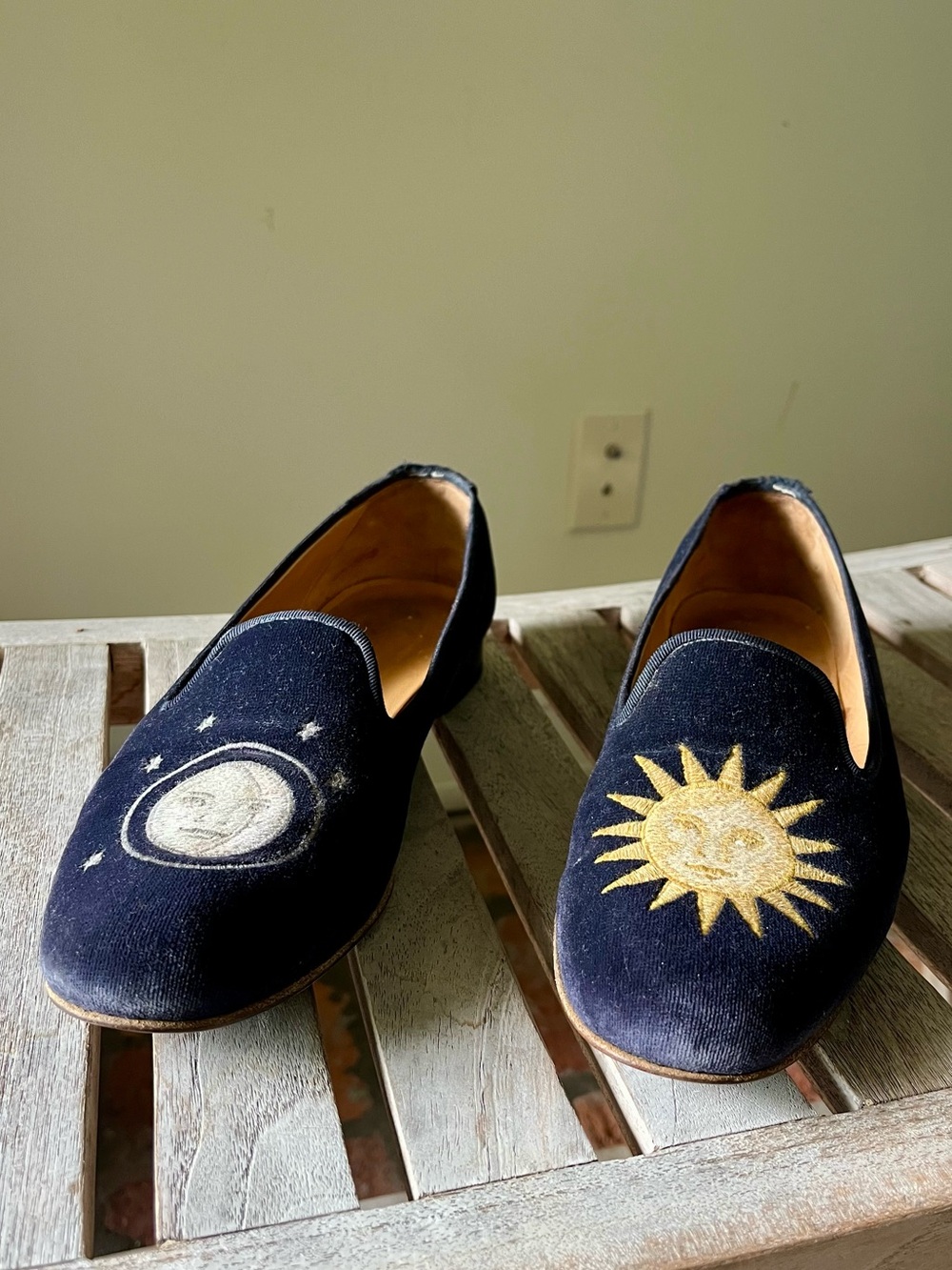 Stubbs & Wootton Navy Velvet Sun Moon Celestial Loafers Size 8 Smoking Slippers